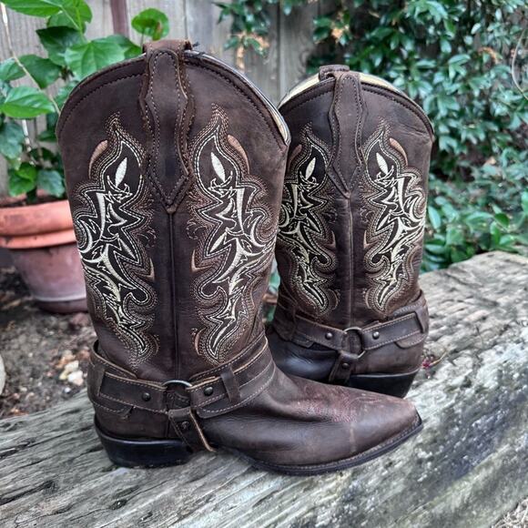 E & A Outlaws Western Wear Cowboy Brown Leather Strap Boots Women's Size 7 US - Picture 7 of 12